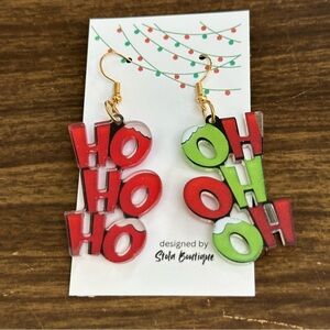 Festive 'Ho Ho Ho' Christmas Holiday Dangle Earrings - Red and Green